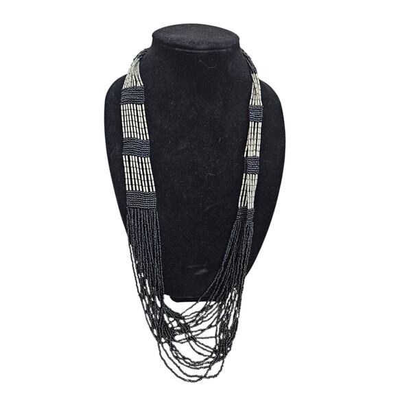 Vintage Native American Inspired Multi Strand Seed Bead Necklace Black and Gold - Picture 1 of 5